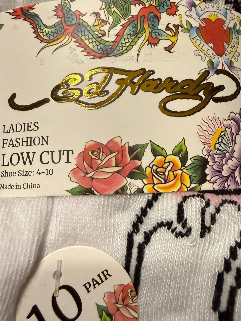 Ed Hardy (10) Pairs White Ladies Low Cut Socks with Black Accents